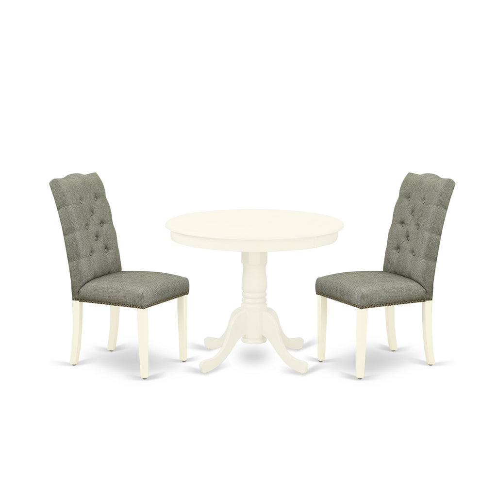 East West Furniture ANEL3-LWH-07 3 Piece Modern Dining Table Set Contains a Round Kitchen Table with Pedestal and 2 Gray Linen Fabric Upholstered Parson Chairs, 36x36 Inch, Linen White