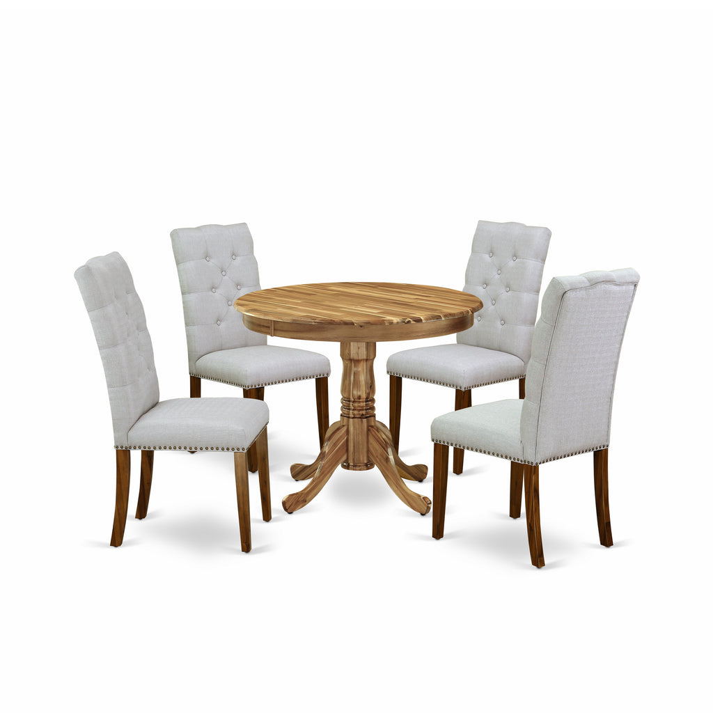 East West Furniture ANEL5-ANA-05 5 Piece Kitchen Table Set for 4 Includes a Round Dining Room Table with Pedestal and 4 Grey Linen Fabric Upholstered Parson Chairs, 36x36 Inch, Natural