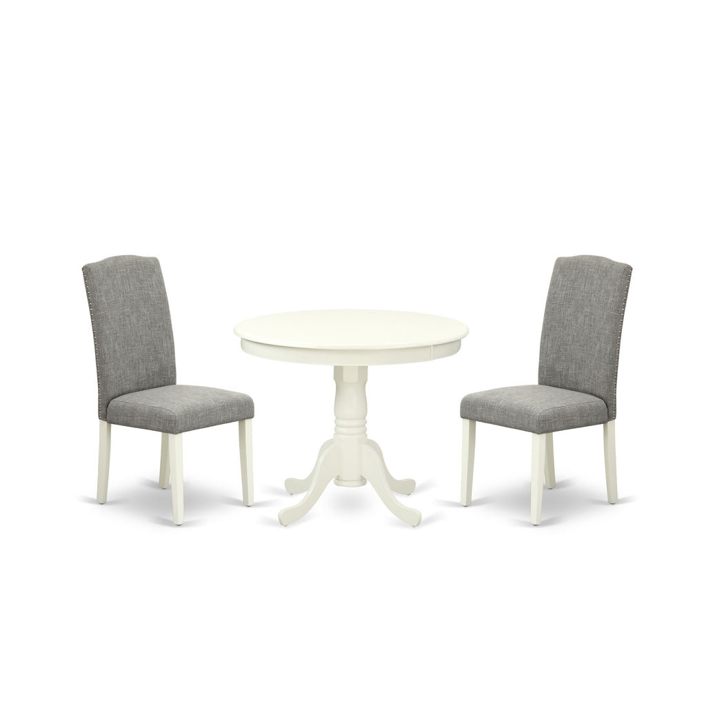 East West Furniture ANEN3-LWH-06 3 Piece Kitchen Table Set Contains a Round Dining Table with Pedestal and 2 Dark Shitake Linen Fabric Parson Dining Room Chairs, 36x36 Inch, Linen White