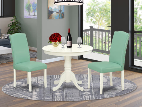 East West Furniture ANEN3-LWH-57 3 Piece Dinette Set for Small Spaces Contains a Round Kitchen Table with Pedestal and 2 Pond Faux Leather Parson Dining Chairs, 36x36 Inch, Linen White