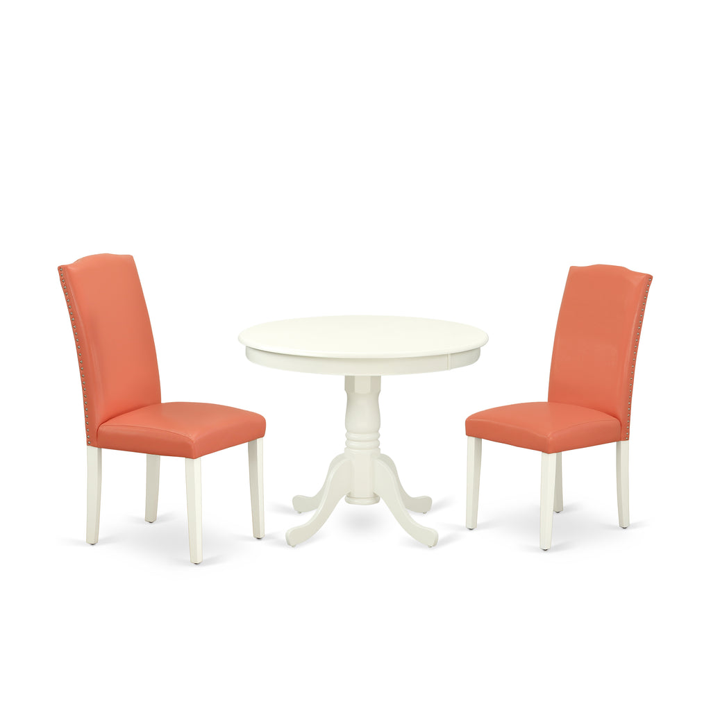 East West Furniture ANEN3-LWH-78 3 Piece Dining Set Contains a Round Kitchen Table with Pedestal and 2 Pink Flamingo Faux Leather Parson Dining Chairs, 36x36 Inch, Linen White