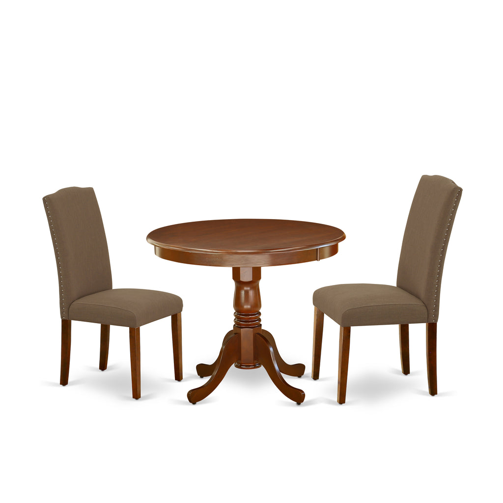 East West Furniture ANEN3-MAH-18 3 Piece Dining Room Furniture Set Contains a Round Kitchen Table with Pedestal and 2 Dark Coffee Linen Fabric Parson Dining Chairs, 36x36 Inch, Mahogany