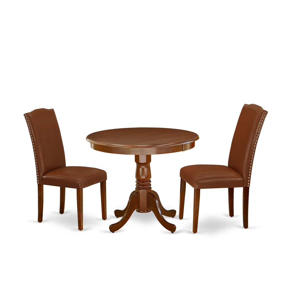 East West Furniture ANEN3-MAH-66 3 Piece Dining Room Furniture Set Contains a Round Dining Table with Pedestal and 2 Brown Faux Faux Leather Upholstered Chairs, 36x36 Inch, Mahogany