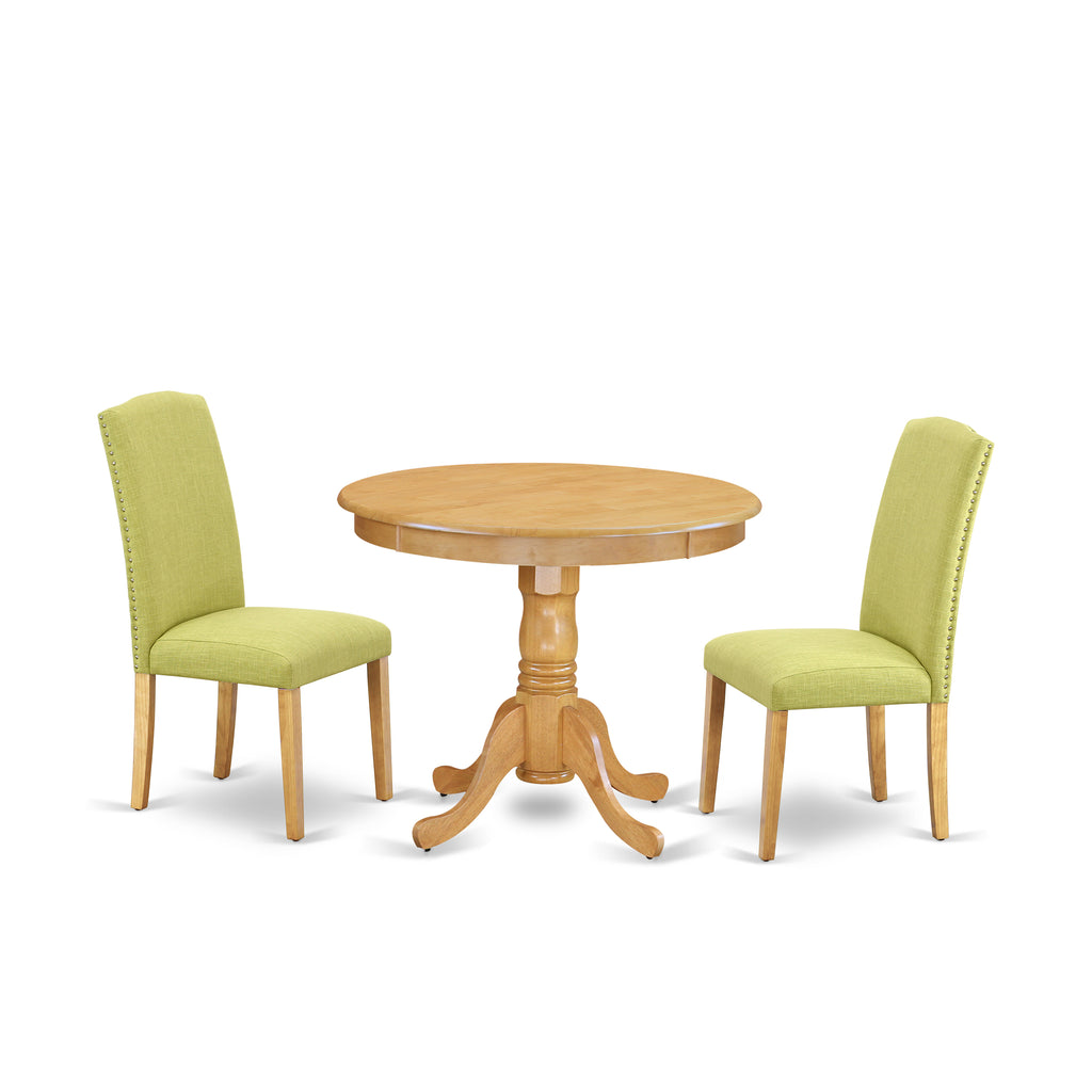 East West Furniture ANEN3-OAK-07 3 Piece Dining Room Furniture Set Contains a Round Kitchen Table with Pedestal and 2 Limelight Linen Fabric Parson Dining Chairs, 36x36 Inch, Oak