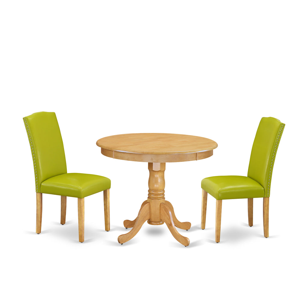 East West Furniture ANEN3-OAK-51 3 Piece Modern Dining Table Set Contains a Round Kitchen Table with Pedestal and 2 Autumn Green Faux Leather Upholstered Chairs, 36x36 Inch, Oak