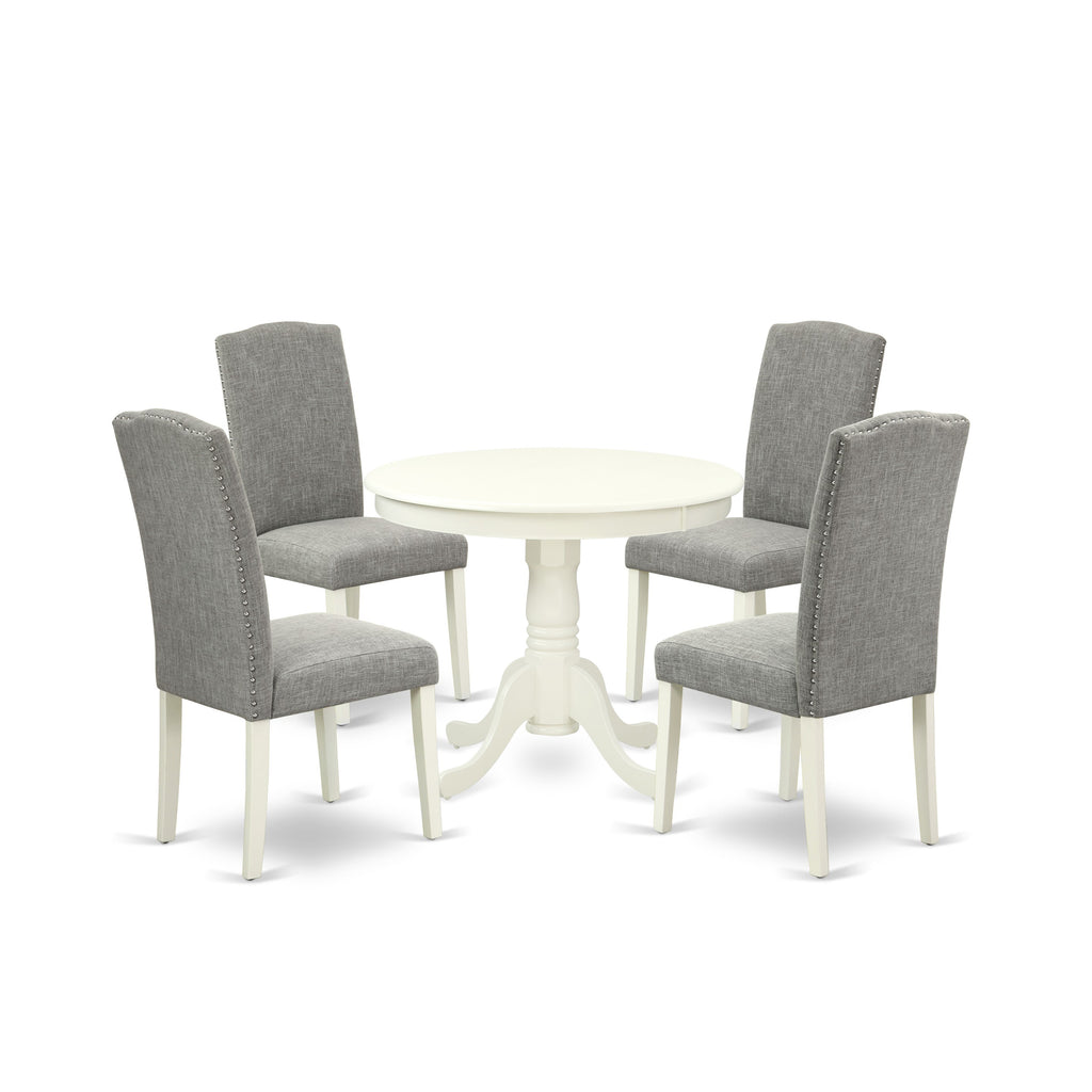 East West Furniture ANEN5-LWH-06 5 Piece Dining Room Furniture Set Includes a Round Kitchen Table with Pedestal and 4 Dark Shitake Linen Fabric Parsons Dining Chairs, 36x36 Inch, Linen White