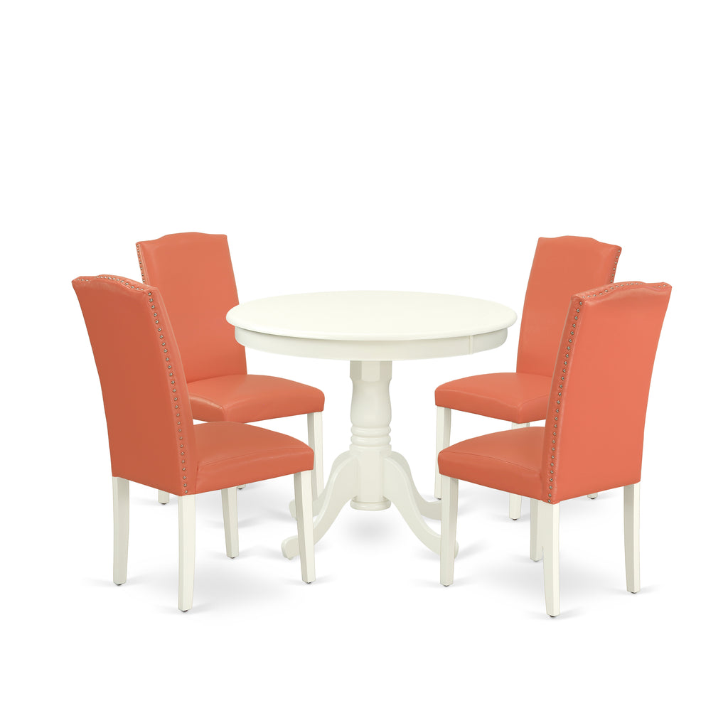 East West Furniture ANEN5-LWH-78 5 Piece Modern Dining Table Set Includes a Round Kitchen Table with Pedestal and 4 Pink Flamingo Faux Leather Parson Dining Chairs, 36x36 Inch, Linen White