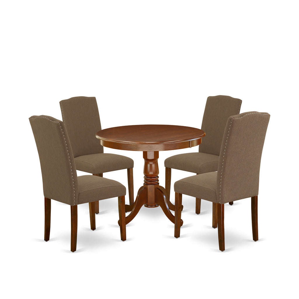 East West Furniture ANEN5-MAH-18 5 Piece Dining Table Set for 4 Includes a Round Kitchen Table with Pedestal and 4 Dark Coffee Linen Fabric Parson Dining Chairs, 36x36 Inch, Mahogany