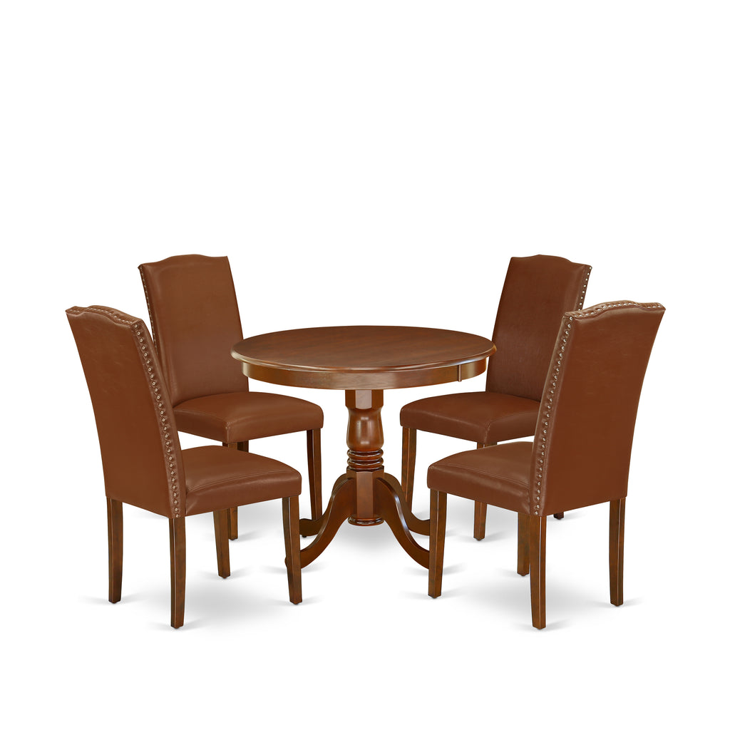 East West Furniture ANEN5-MAH-66 5 Piece Dining Set Includes a Round Dining Room Table with Pedestal and 4 Brown Faux Faux Leather Upholstered Parson Chairs, 36x36 Inch, Mahogany