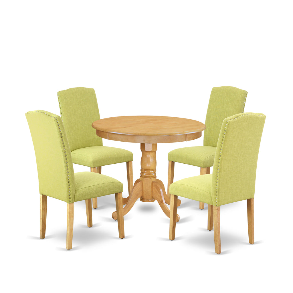 East West Furniture ANEN5-OAK-07 5 Piece Kitchen Table Set for 4 Includes a Round Dining Room Table with Pedestal and 4 Limelight Linen Fabric Parson Dining Chairs, 36x36 Inch, Oak