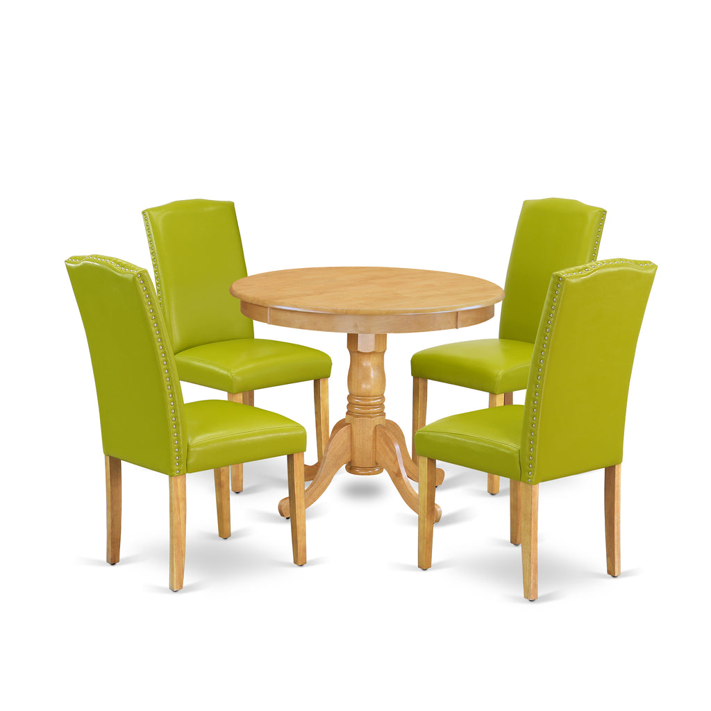 East West Furniture ANEN5-OAK-51 5 Piece Dinette Set Includes a Round Dining Table with Pedestal and 4 Autumn Green Faux Leather Upholstered Parson Chairs, 36x36 Inch, Oak