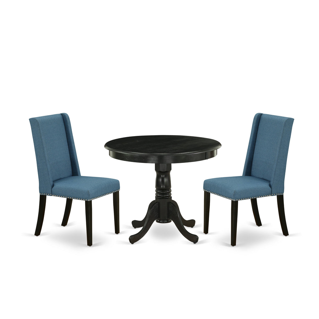 East West Furniture ANFL3-ABK-21 3 Piece Modern Dining Table Set Contains a Round Kitchen Table with Pedestal and 2 Blue Linen Fabric Parson Dining Chairs, 36x36 Inch, Wirebrushed Black