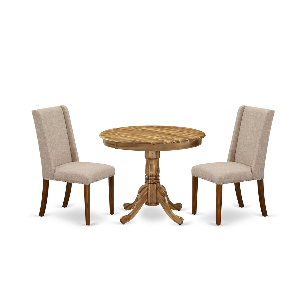 East West Furniture ANFL3-ANA-04 3 Piece Kitchen Table Set Contains a Round Dining Room Table with Pedestal and 2 Light Tan Linen Fabric Upholstered Chairs, 36x36 Inch, Natural