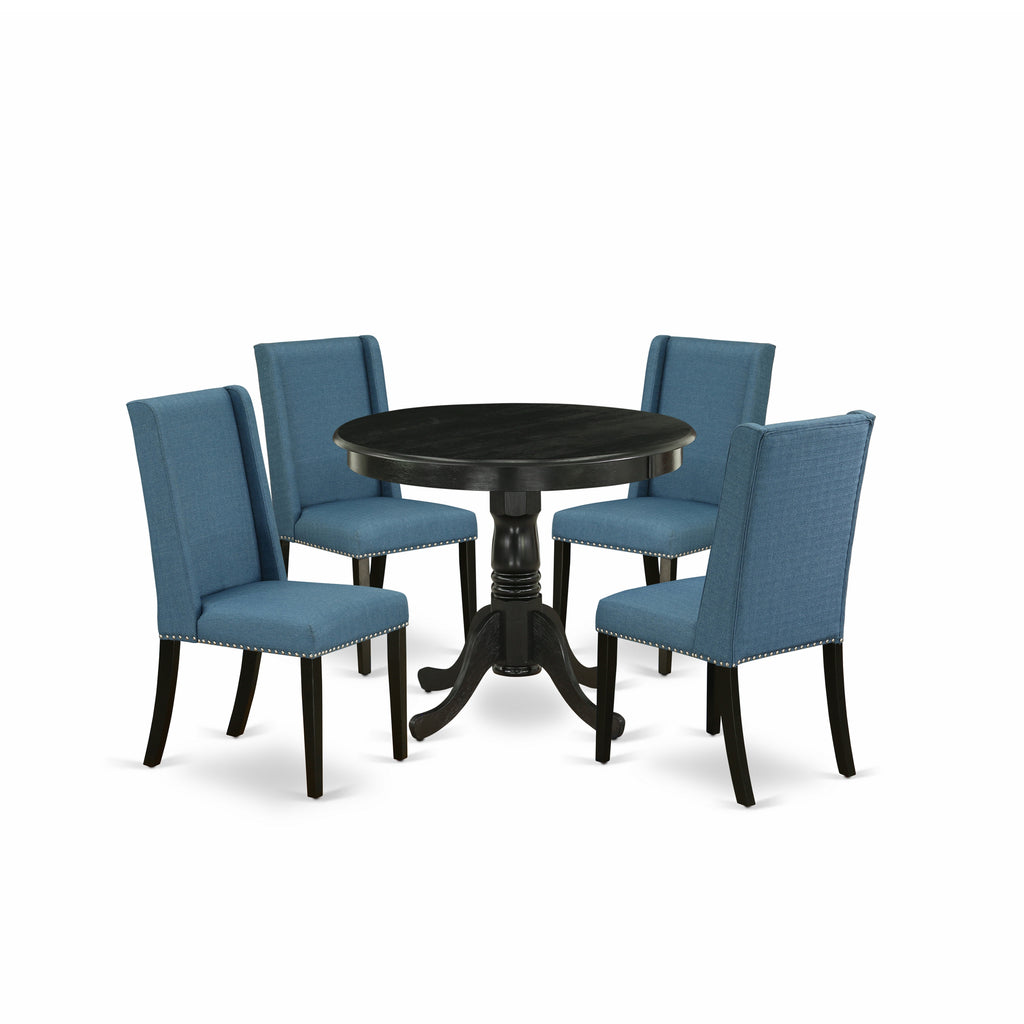 East West Furniture ANFL5-ABK-21 5 Piece Dinette Set for 4 Includes a Round Kitchen Table with Pedestal and 4 Blue Linen Fabric Parsons Dining Chairs, 36x36 Inch, Wirebrushed Black