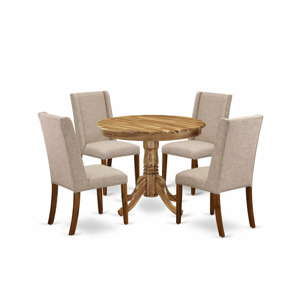 East West Furniture ANFL5-ANA-04 5 Piece Kitchen Table Set for 4 Includes a Round Dining Room Table with Pedestal and 4 Light Tan Linen Fabric Parson Dining Chairs, 36x36 Inch, Natural