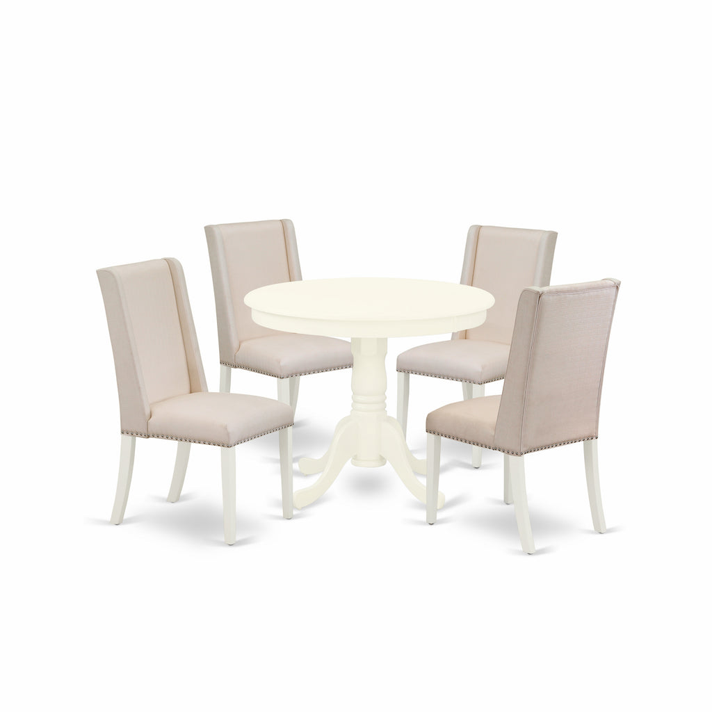 East West Furniture ANFL5-LWH-01 5 Piece Kitchen Table & Chairs Set Includes a Round Dining Room Table with Pedestal and 4 Cream Linen Fabric Parson Dining Chairs, 36x36 Inch, Linen White