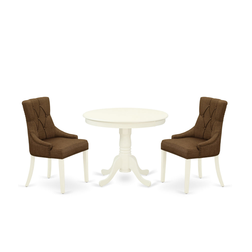 East West Furniture ANFR3-LWH-18 3 Piece Modern Dining Table Set Contains a Round Kitchen Table with Pedestal and 2 Brown Linen Linen Fabric Parson Dining Chairs, 36x36 Inch, Linen White