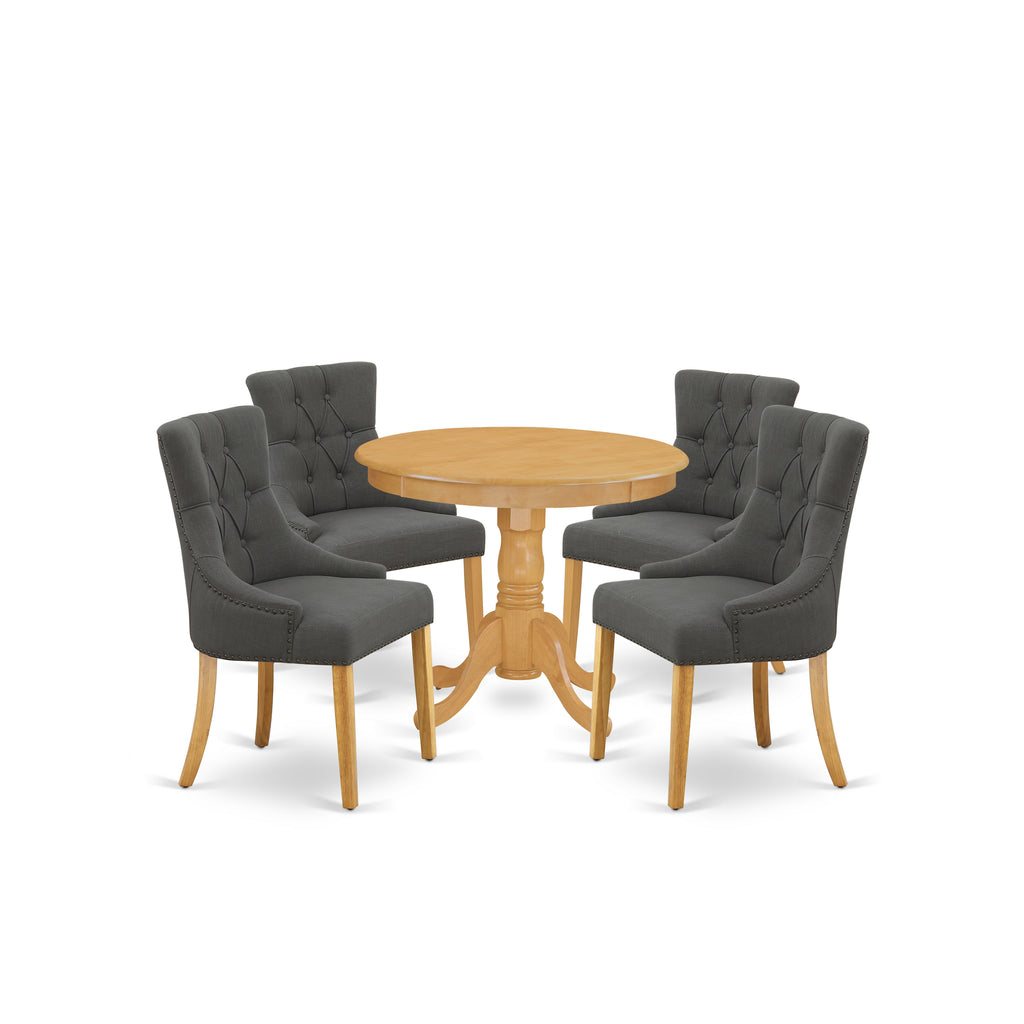 East West Furniture ANFR5-OAK-20 5 Piece Dinette Set for 4 Includes a Round Kitchen Table with Pedestal and 4 Dark Gotham Linen Fabric Upholstered Parson Chairs, 36x36 Inch, Oak