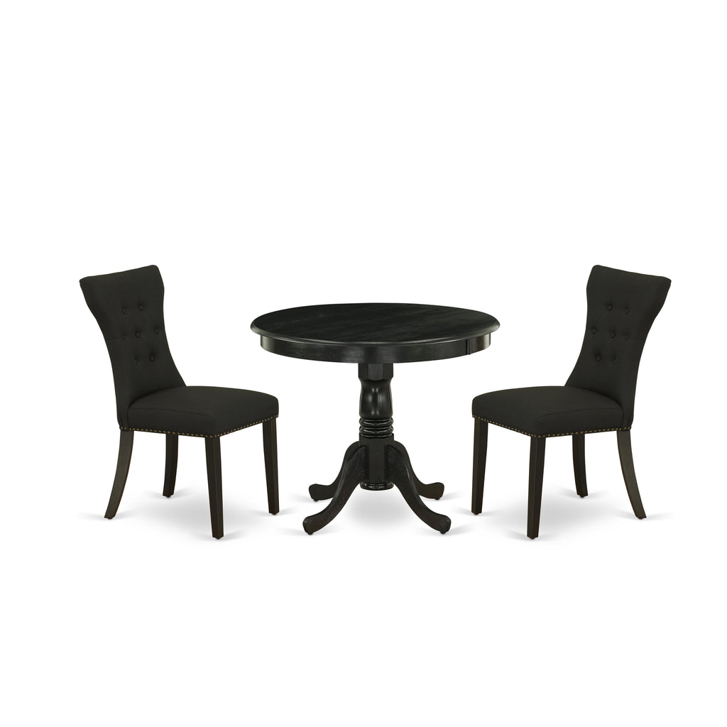 East West Furniture ANGA3-ABK-24 3 Piece Dinette Set for Small Spaces Contains a Round Kitchen Table with Pedestal and 2 Black Linen Fabric Parson Dining Chairs, 36x36 Inch, Wirebrushed Black
