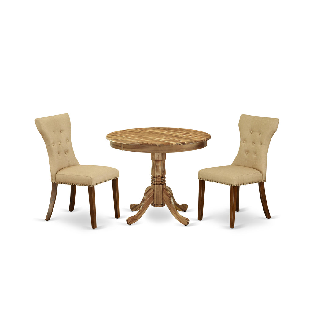 East West Furniture ANGA3-ANA-03 3 Piece Dining Table Set for Small Spaces Contains a Round Kitchen Table with Pedestal and 2 Brown Linen Fabric Parsons Chairs, 36x36 Inch, Natural