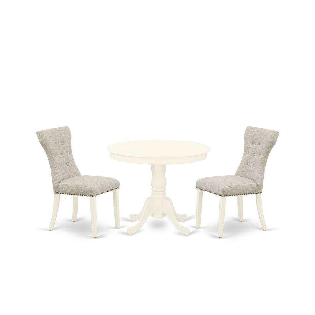 East West Furniture ANGA3-LWH-35 3 Piece Dining Room Furniture Set Contains a Round Dining Table with Pedestal and 2 Doeskin Linen Fabric Upholstered Chairs, 36x36 Inch, Linen White