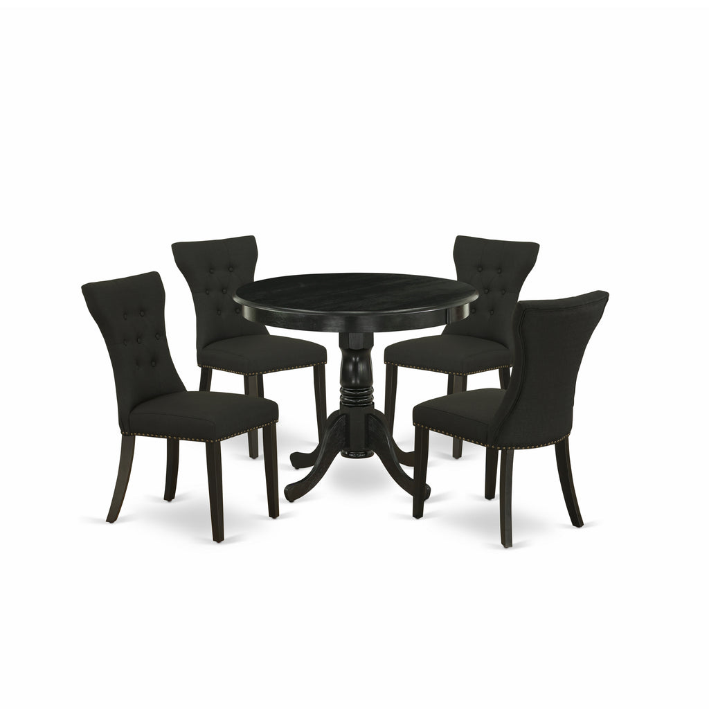 East West Furniture ANGA5-ABK-24 5 Piece Dining Table Set for 4 Includes a Round Kitchen Table with Pedestal and 4 Black Linen Fabric Parsons Dining Chairs, 36x36 Inch, Wirebrushed Black