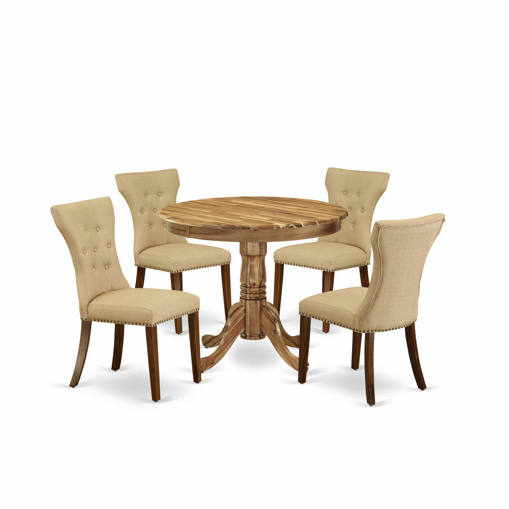 East West Furniture ANGA5-ANA-03 5 Piece Dining Table Set for 4 Includes a Round Kitchen Table with Pedestal and 4 Brown Linen Fabric Upholstered Parson Chairs, 36x36 Inch, Natural