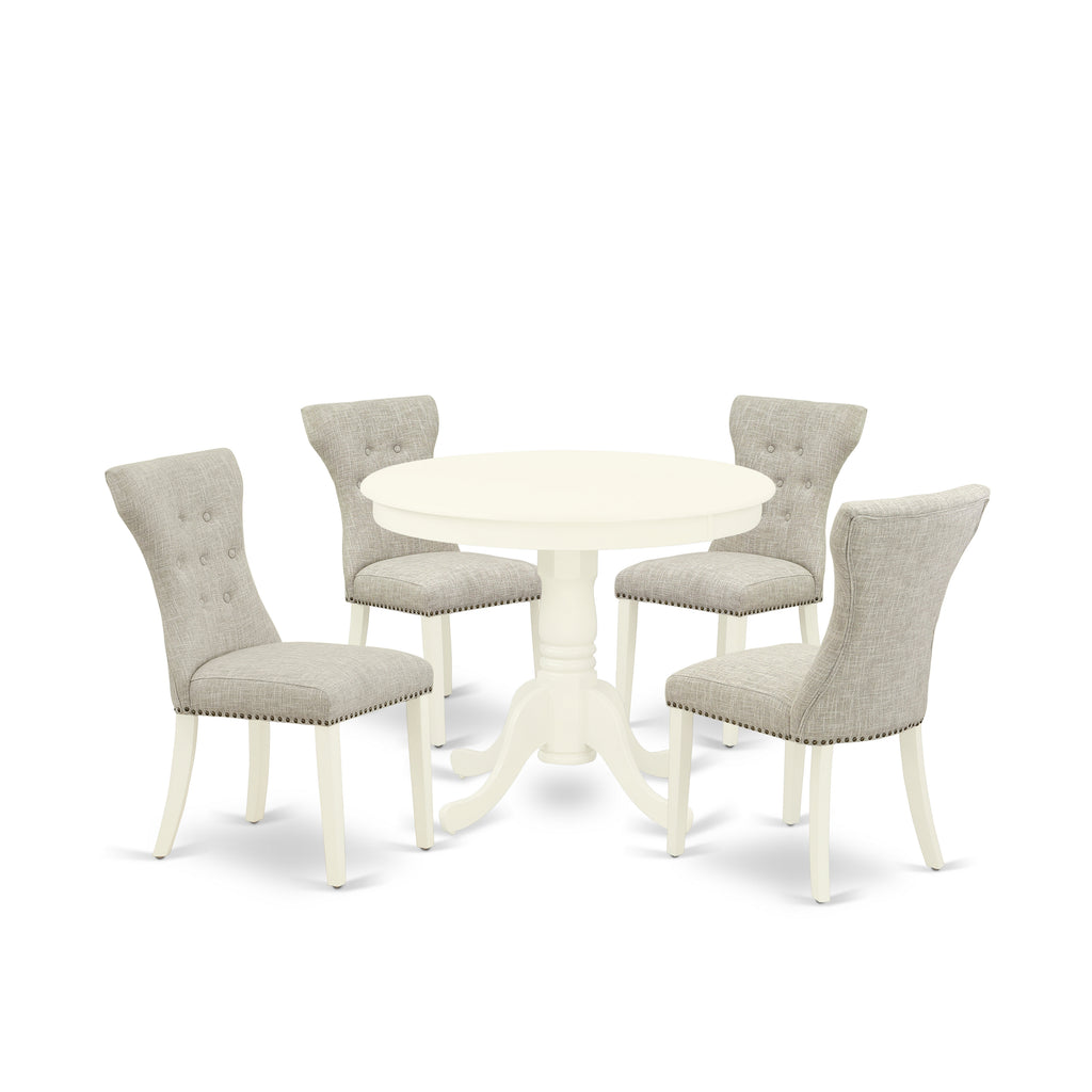 East West Furniture ANGA5-LWH-35 5 Piece Dining Table Set for 4 Includes a Round Kitchen Table with Pedestal and 4 Doeskin Linen Fabric Upholstered Parson Chairs, 36x36 Inch, Linen White