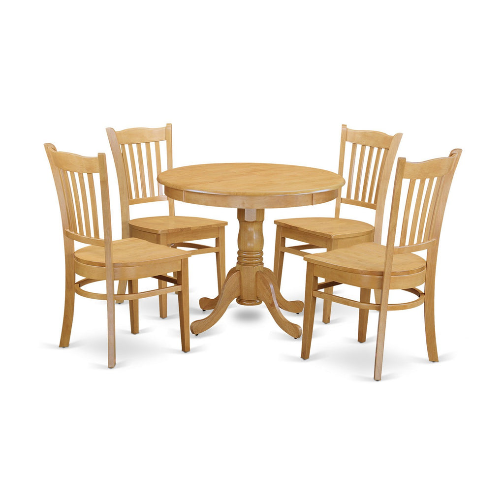 East West Furniture ANGR5-OAK-W 5 Piece Kitchen Table & Chairs Set Includes a Round Dining Room Table with Pedestal and 4 Dining Chairs, 36x36 Inch, Oak