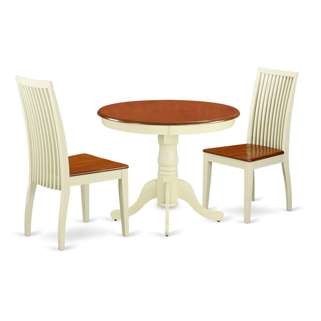 East West Furniture ANIP3-BMK-W 3 Piece Dining Set Contains a Round Dining Room Table with Pedestal and 2 Wood Seat Chairs, 36x36 Inch, Buttermilk & Cherry
