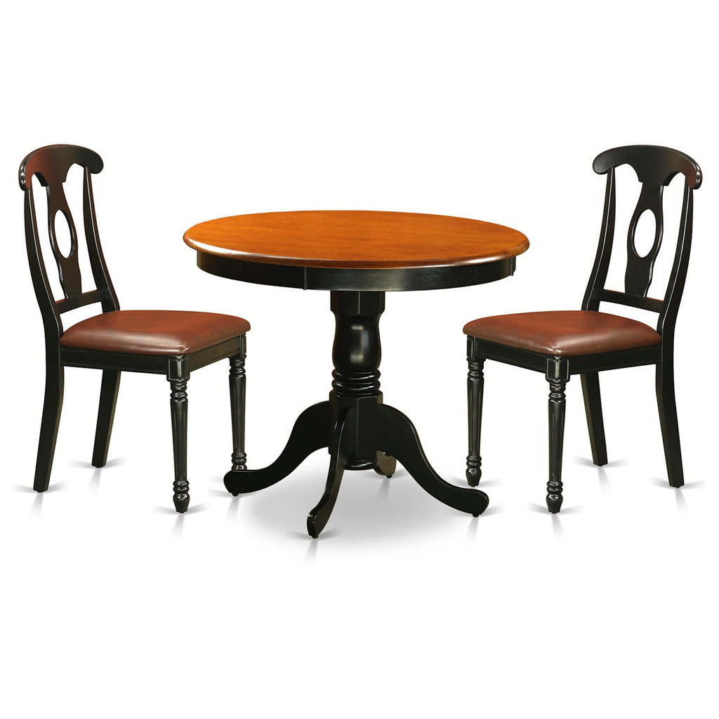 East West Furniture ANKE3-BLK-LC 3 Piece Dining Room Table Set Contains a Round Kitchen Table with Pedestal and 2 Faux Leather Upholstered Dining Chairs, 36x36 Inch, Black & Cherry