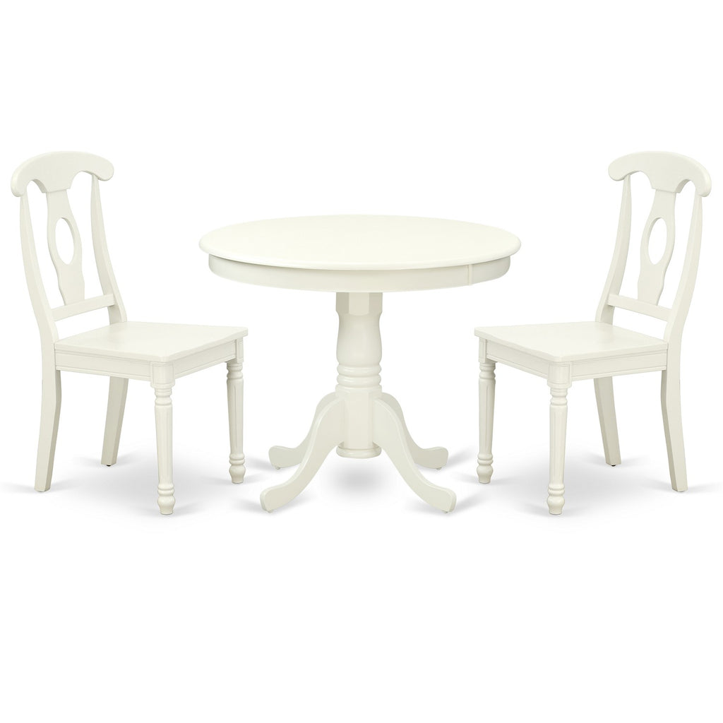 East West Furniture ANKE3-LWH-W 3 Piece Dining Room Table Set Contains a Round Kitchen Table with Pedestal and 2 Dining Chairs, 36x36 Inch, Linen White