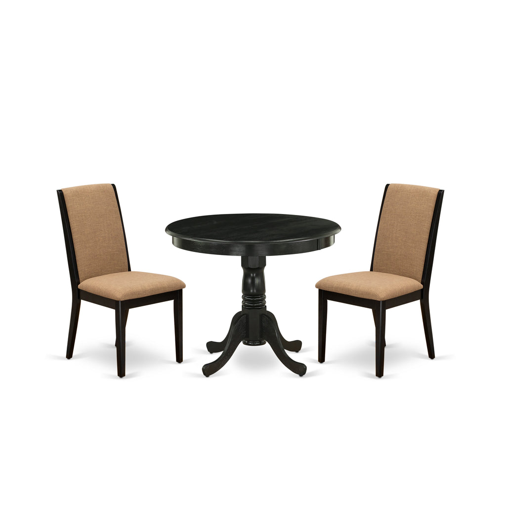 East West Furniture ANLA3-ABK-47 3 Piece Dining Room Furniture Set Contains a Round Kitchen Table with Pedestal and 2 Light Sable Linen Fabric Parson Dining Chairs, 36x36 Inch, Wirebrushed Black