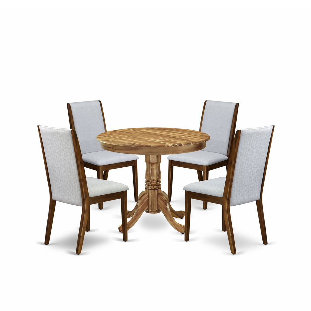 East West Furniture ANLA5-ANA-05 5 Piece Dining Room Table Set Includes a Round Kitchen Table with Pedestal and 4 Grey Linen Fabric Parson Dining Chairs, 36x36 Inch, Natural