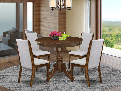 East West Furniture ANLA5-AWA-05 5 Piece Dining Table Set for Small Spaces Contains a Round Kitchen Table with Pedestal and 4 Parson Chairs, 36x36 Inch, Antique Walnut