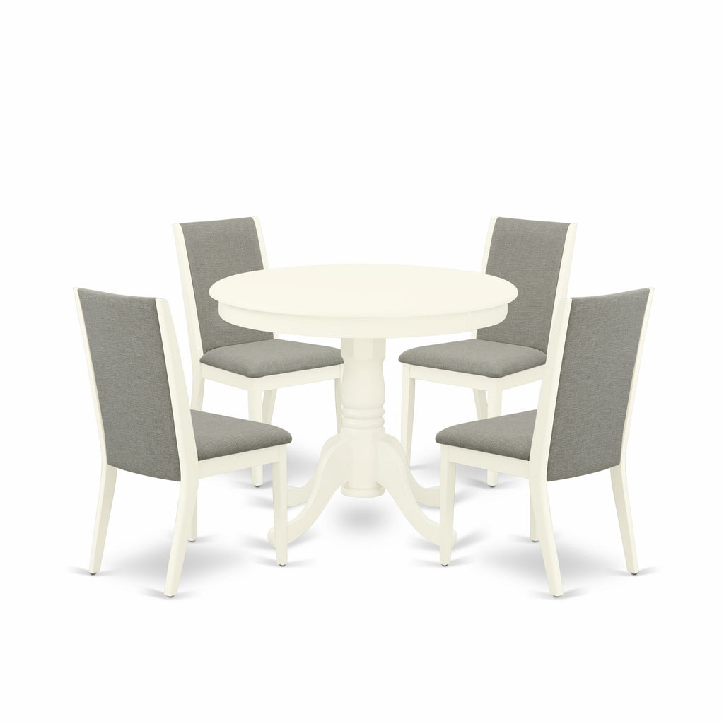 East West Furniture ANLA5-LWH-06 5 Piece Dining Room Furniture Set Includes a Round Kitchen Table with Pedestal and 4 Shitake Linen Fabric Parsons Dining Chairs, 36x36 Inch, Linen White