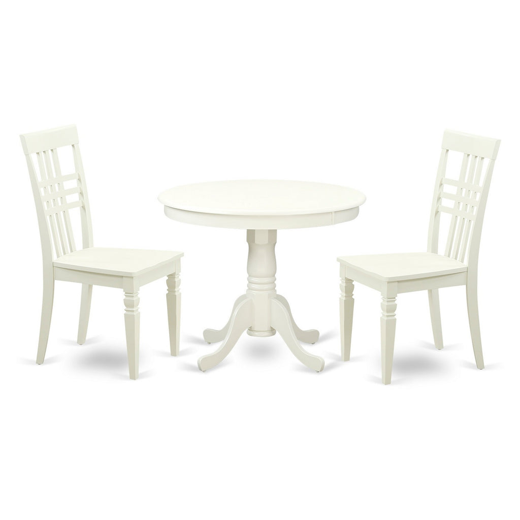 East West Furniture ANLG3-LWH-W 3 Piece Dining Table Set for Small Spaces Contains a Round Kitchen Table with Pedestal and 2 Dining Chairs, 36x36 Inch, Linen White