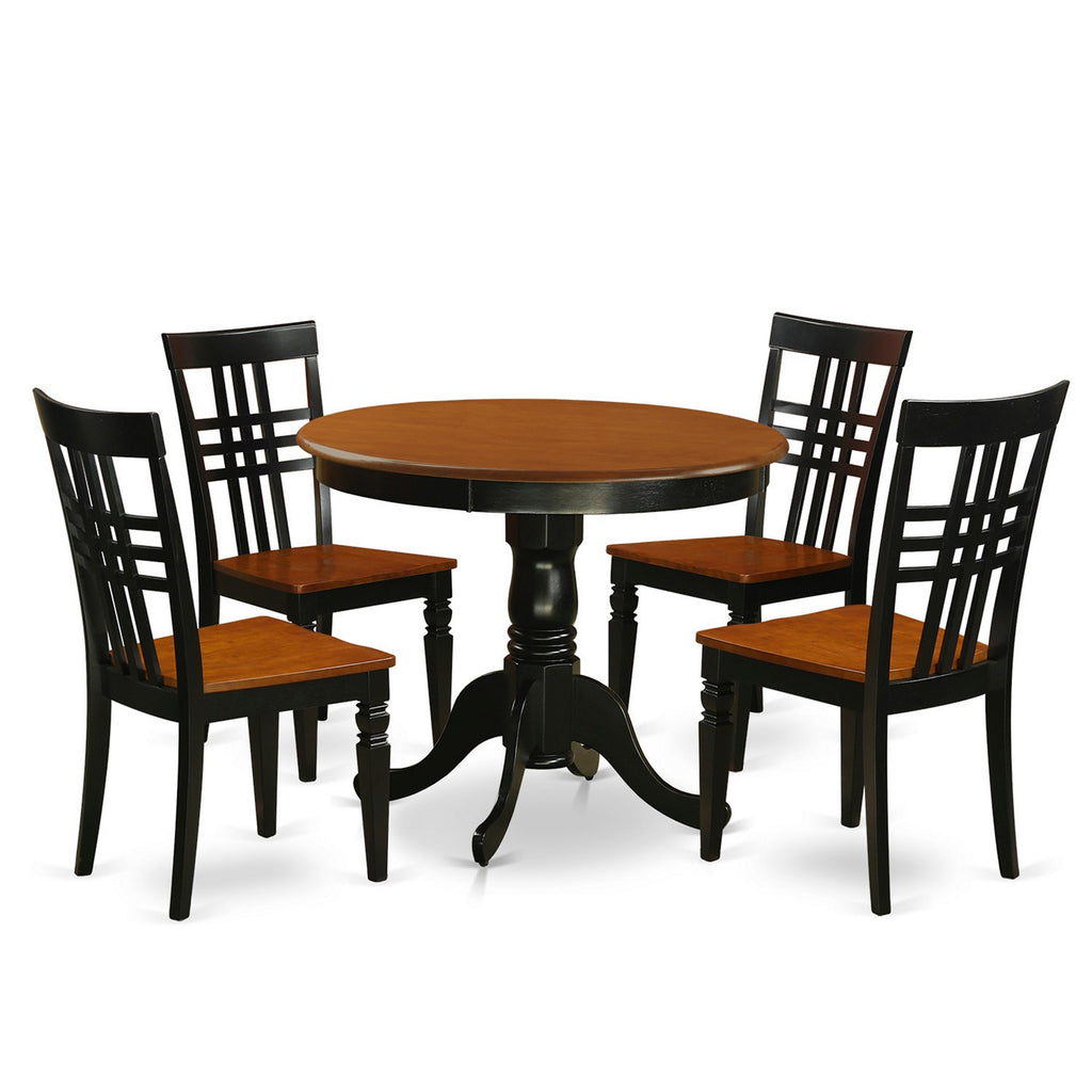 East West Furniture ANLG5-BCH-W 5 Piece Modern Dining Table Set Includes a Round Kitchen Table with Pedestal and 4 Kitchen Dining Chairs, 36x36 Inch, Black & Cherry