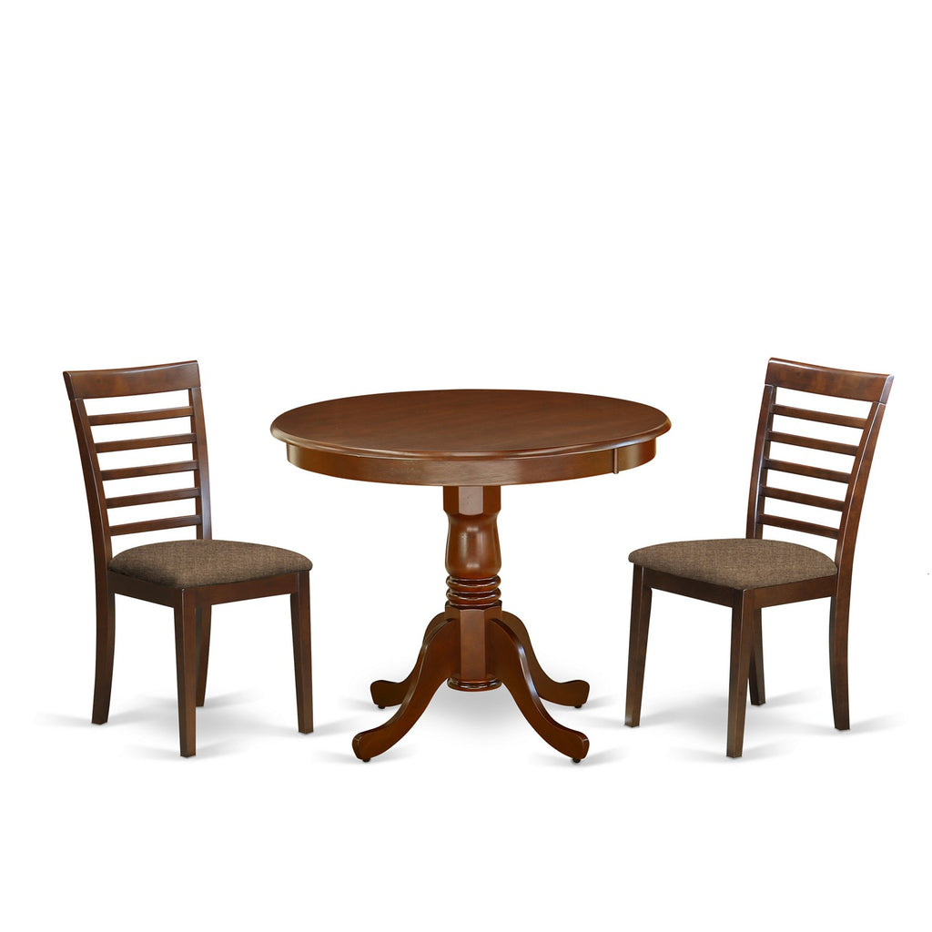 East West Furniture ANML3-MAH-C 3 Piece Dining Table Set for Small Spaces Contains a Round Kitchen Table with Pedestal and 2 Linen Fabric Kitchen Dining Chairs, 36x36 Inch, Mahogany