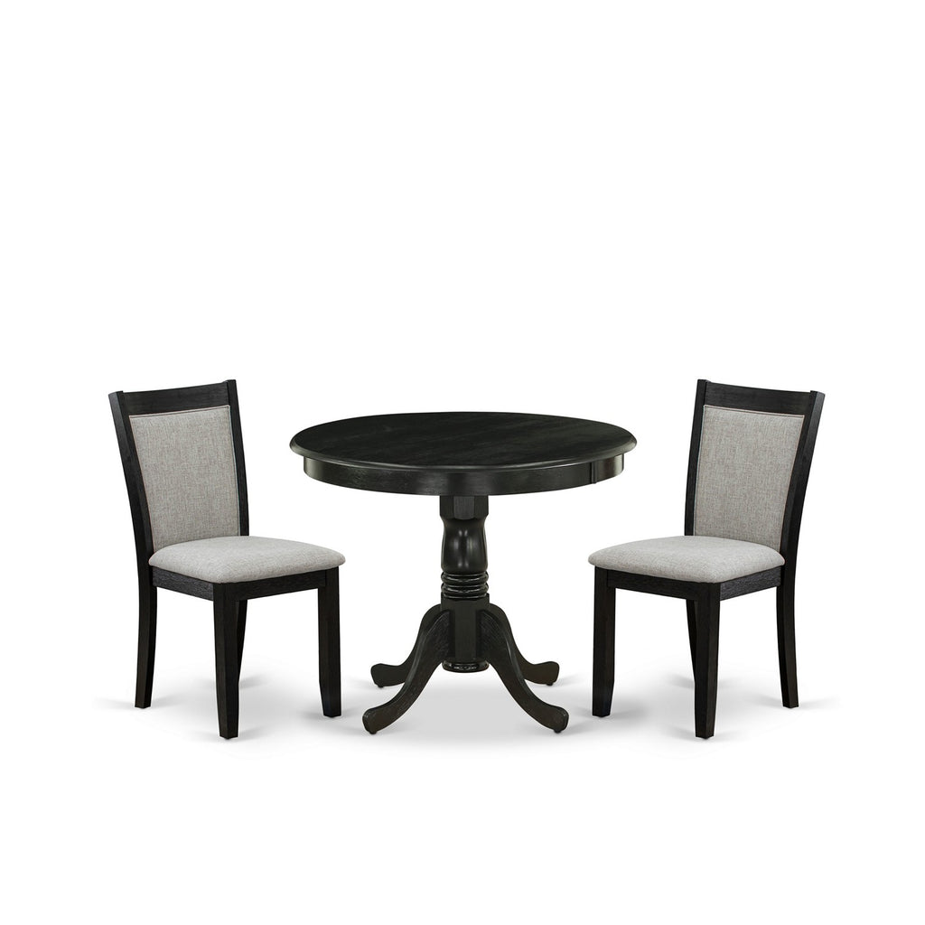 East West Furniture ANMZ3-AB6-06 3 Piece Kitchen Table & Chairs Set Contains a Round Dining Room Table with Pedestal and 2 Shitake Linen Fabric Upholstered Chairs, 36x36 Inch, Wirebrushed Black