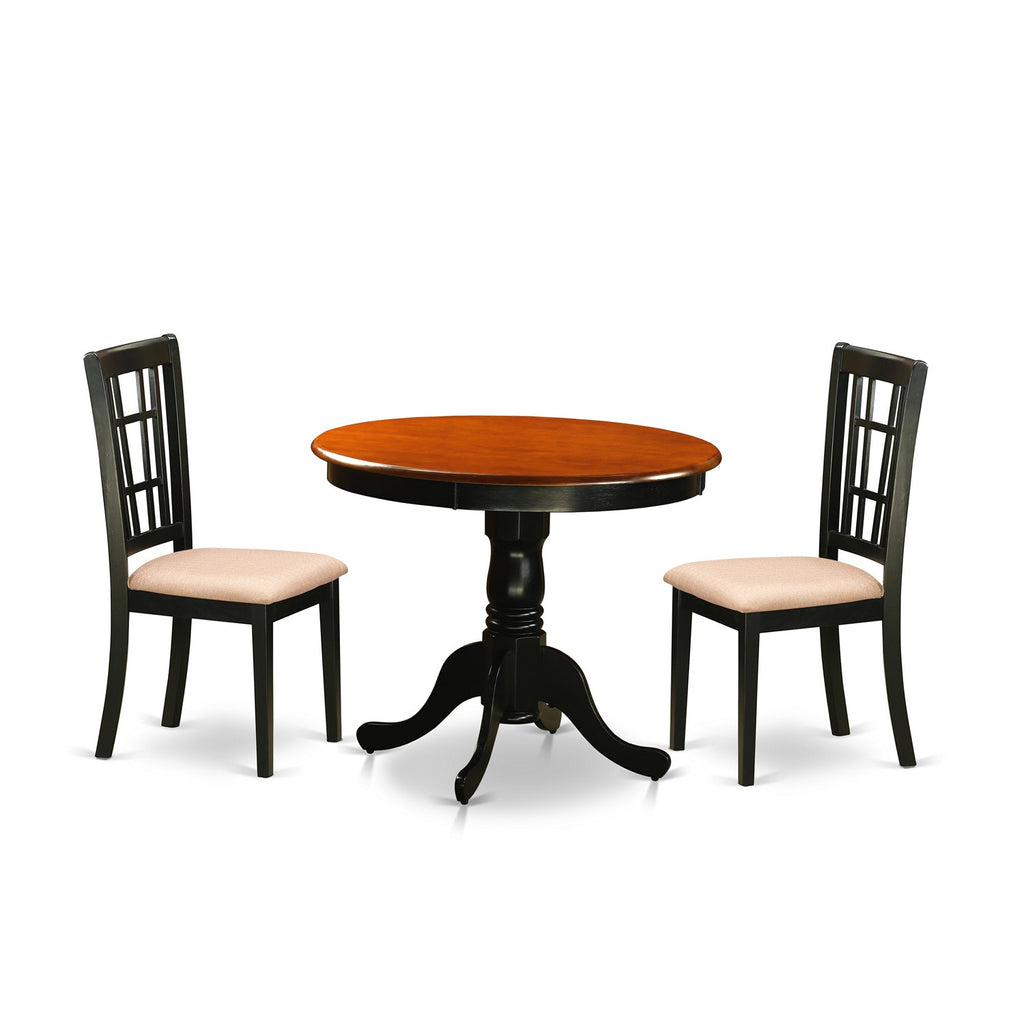 East West Furniture ANNI3-BLK-C 3 Piece Dining Table Set for Small Spaces Contains a Round Kitchen Table with Pedestal and 2 Linen Fabric Upholstered Chairs, 36x36 Inch, Black & Cherry