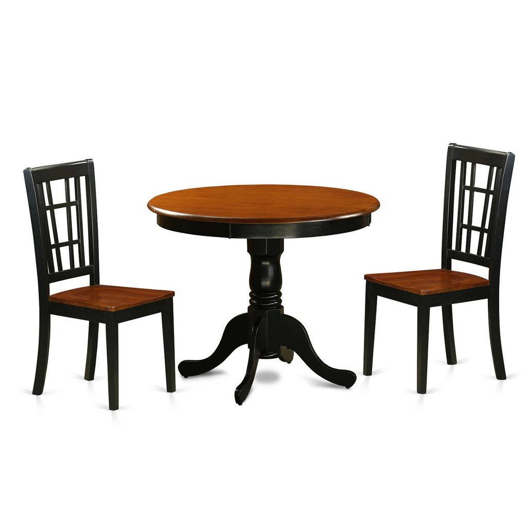 East West Furniture ANNI3-BLK-W 3 Piece Modern Dining Table Set Contains a Round Kitchen Table with Pedestal and 2 Dining Room Chairs, 36x36 Inch, Black & Cherry
