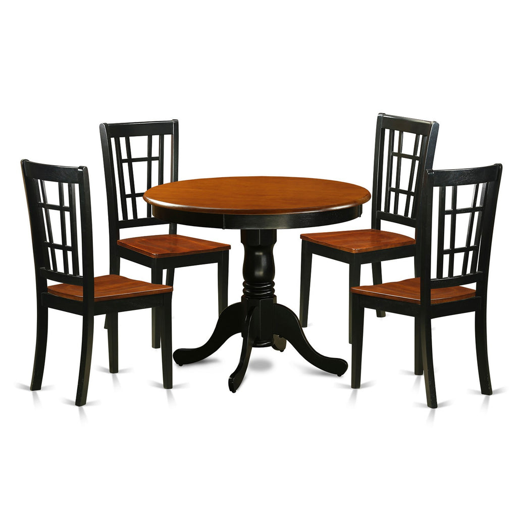 East West Furniture ANNI5-BLK-W 5 Piece Dining Table Set for 4 Includes a Round Kitchen Table with Pedestal and 4 Kitchen Dining Chairs, 36x36 Inch, Black & Cherry