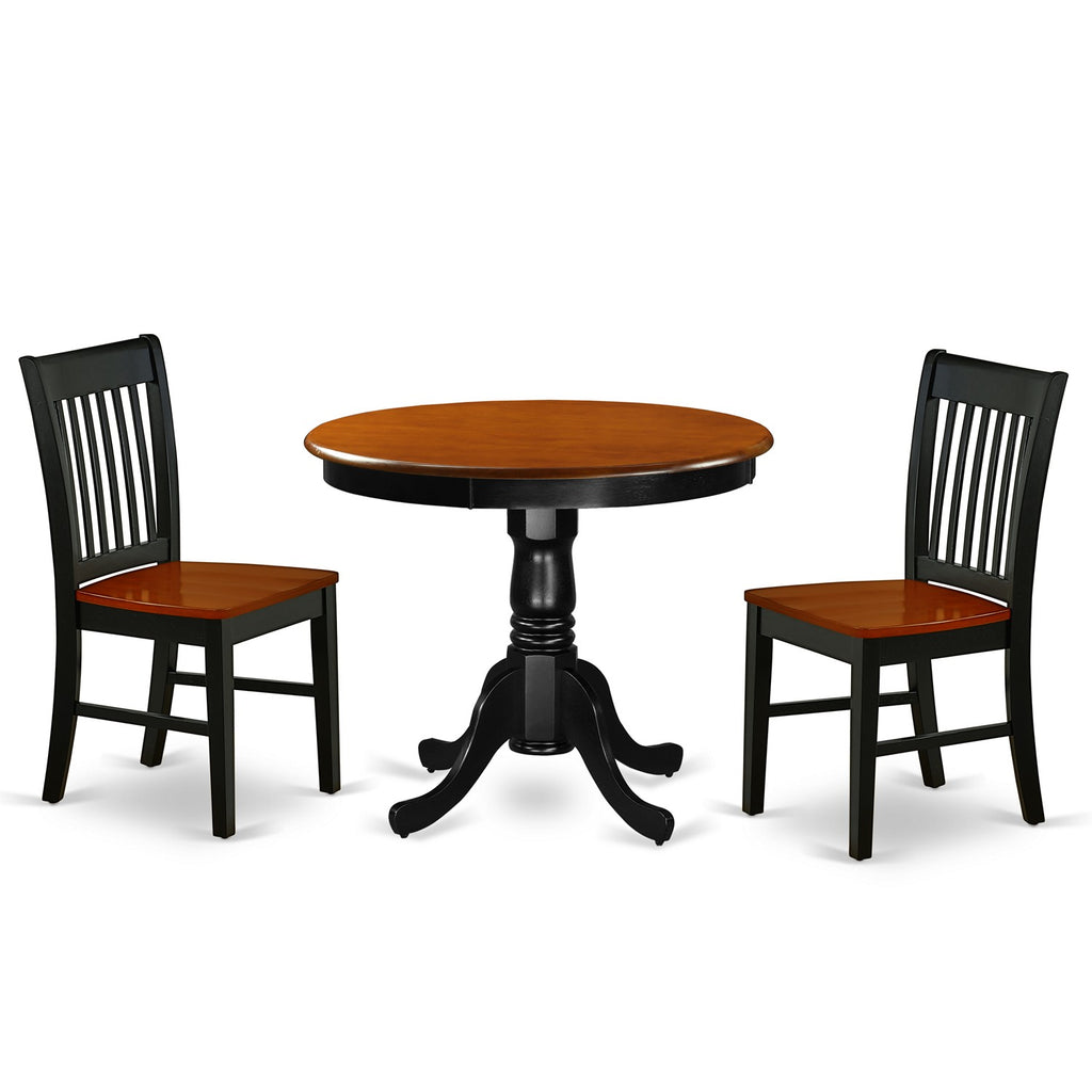 East West Furniture ANNO3-BCH-W 3 Piece Kitchen Table & Chairs Set Contains a Round Dining Room Table with Pedestal and 2 Solid Wood Seat Chairs, 36x36 Inch, Black & Cherry