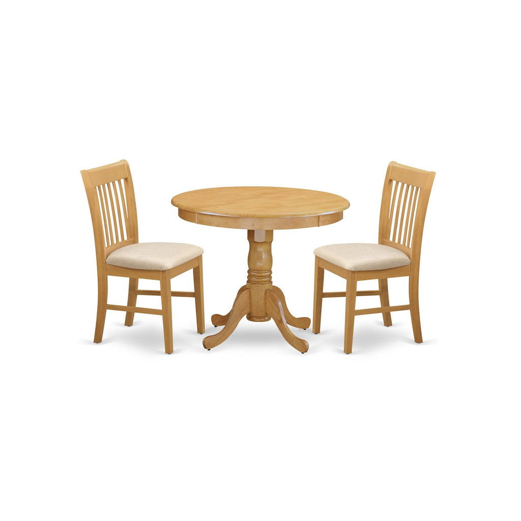 East West Furniture ANNO3-OAK-C 3 Piece Kitchen Table Set for Small Spaces Contains a Round Dining Room Table with Pedestal and 2 Linen Fabric Upholstered Chairs, 36x36 Inch, Oak