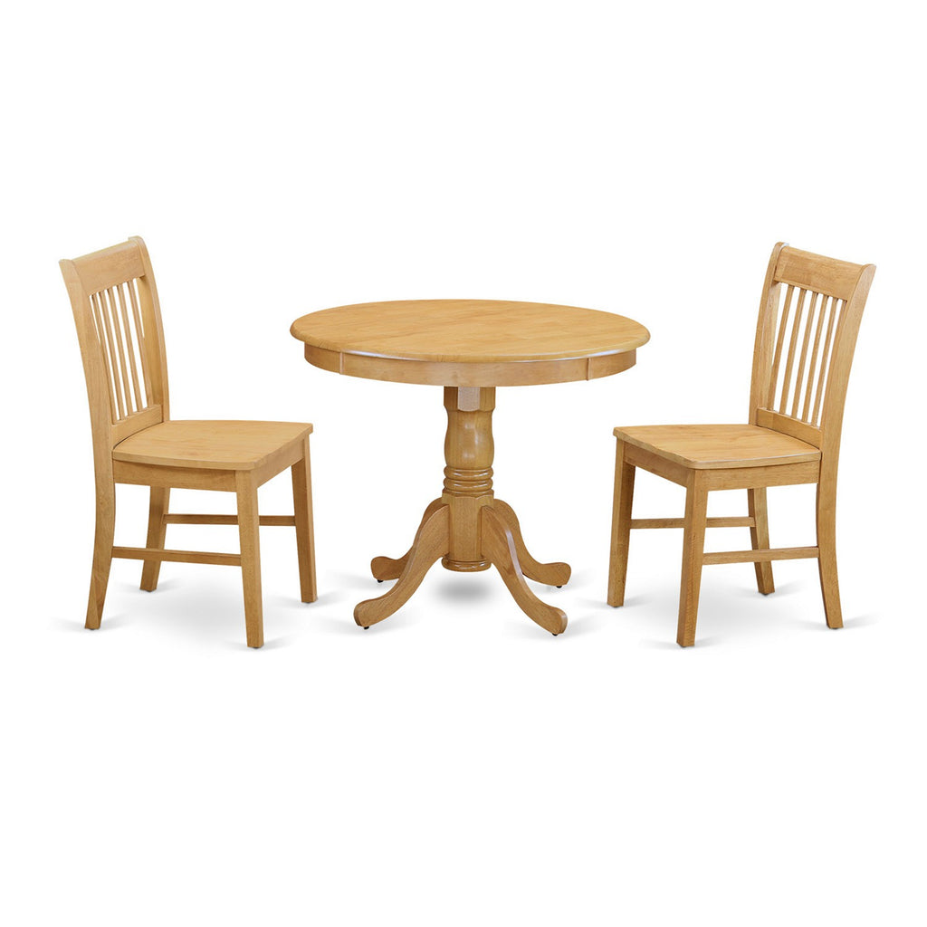 East West Furniture ANNO3-OAK-W 3 Piece Dining Room Table Set Contains a Round Wooden Table with Pedestal and 2 Kitchen Dining Chairs, 36x36 Inch, Oak