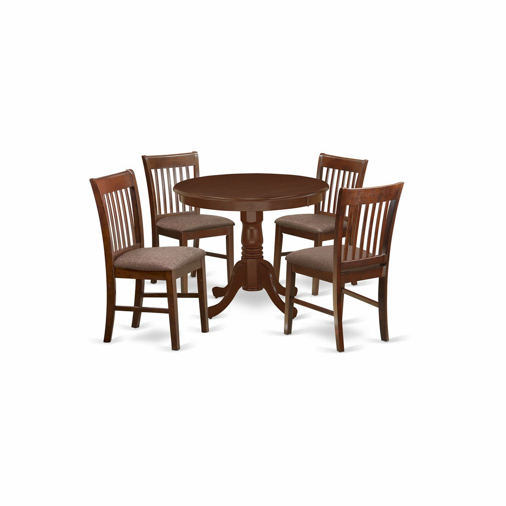 East West Furniture ANNO5-MAH-C 5 Piece Kitchen Table Set for 4 Includes a Round Dining Room Table with Pedestal and 4 Linen Fabric Upholstered Dining Chairs, 36x36 Inch, Mahogany