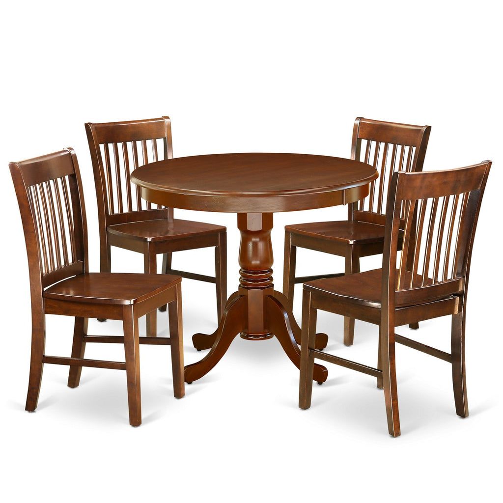 East West Furniture ANNO5-MAH-W 5 Piece Dining Set Includes a Round Dining Room Table with Pedestal and 4 Wood Seat Chairs, 36x36 Inch, Mahogany