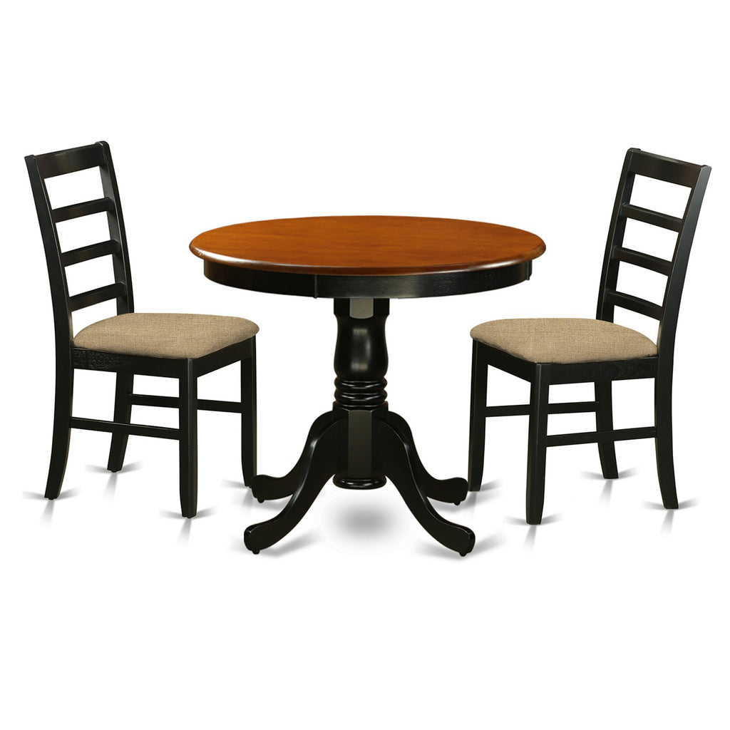 East West Furniture ANPF3-BLK-C 3 Piece Kitchen Table & Chairs Set Contains a Round Dining Room Table with Pedestal and 2 Linen Fabric Upholstered Chairs, 36x36 Inch, Black & Cherry