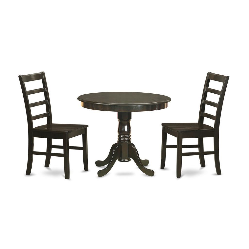 East West Furniture ANPF3-CAP-W 3 Piece Dining Room Table Set Contains a Round Kitchen Table with Pedestal and 2 Dining Chairs, 36x36 Inch, Cappuccino